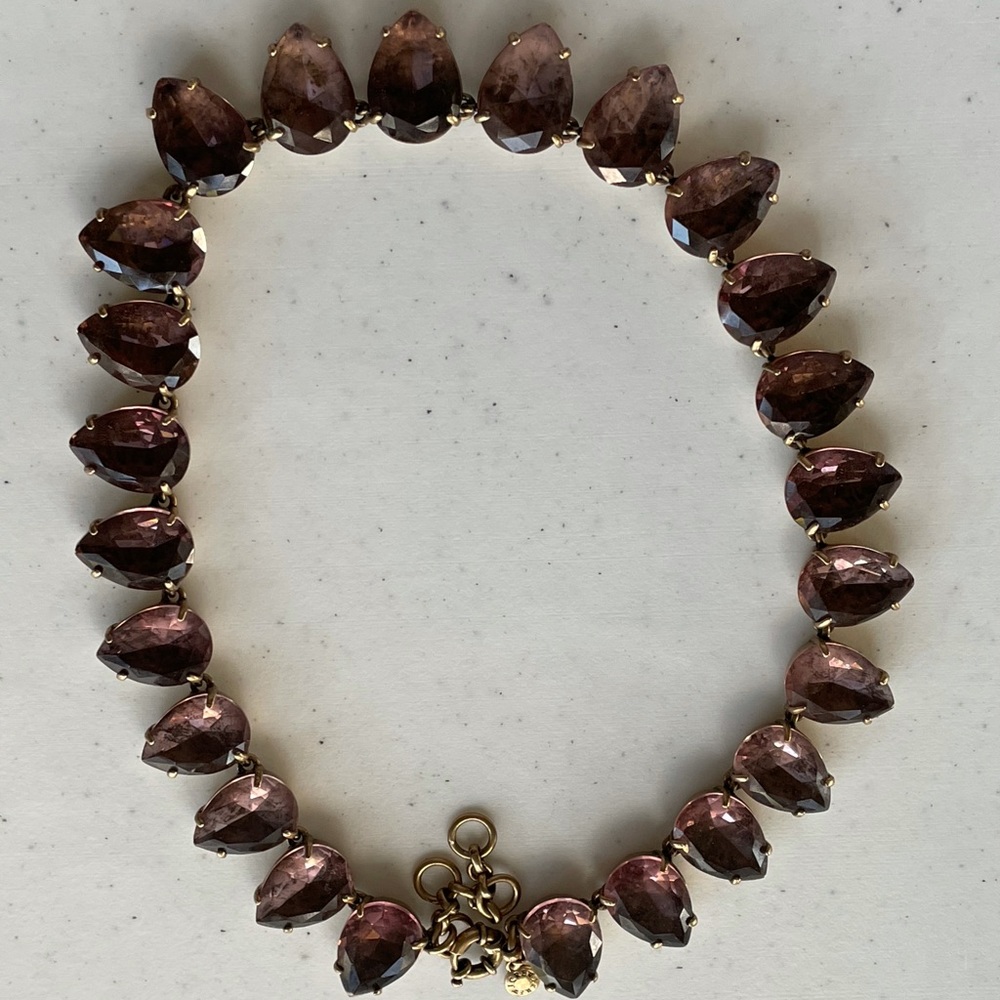 J Crew purple crystal statement necklace with gold chain and clasp